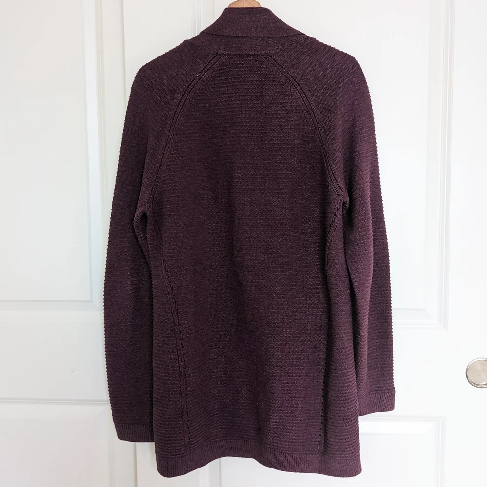LL Bean Shawl Collar Cardigan Sweater Woman L Purple Ribbed Knit Open Front Long - Picture 2 of 5